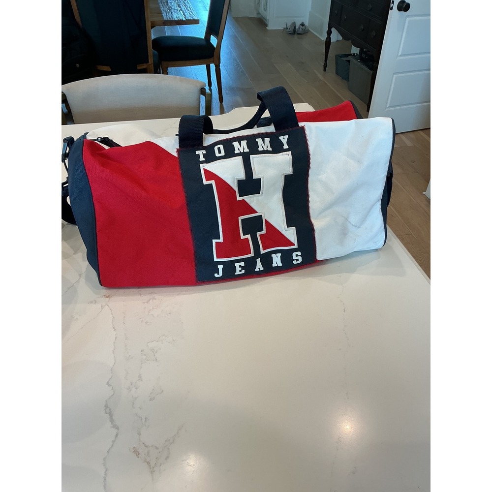 Tommy Jeans Duffel Bag Red White Blue Colorblock Canvas Travel Gym Bag Varsity H